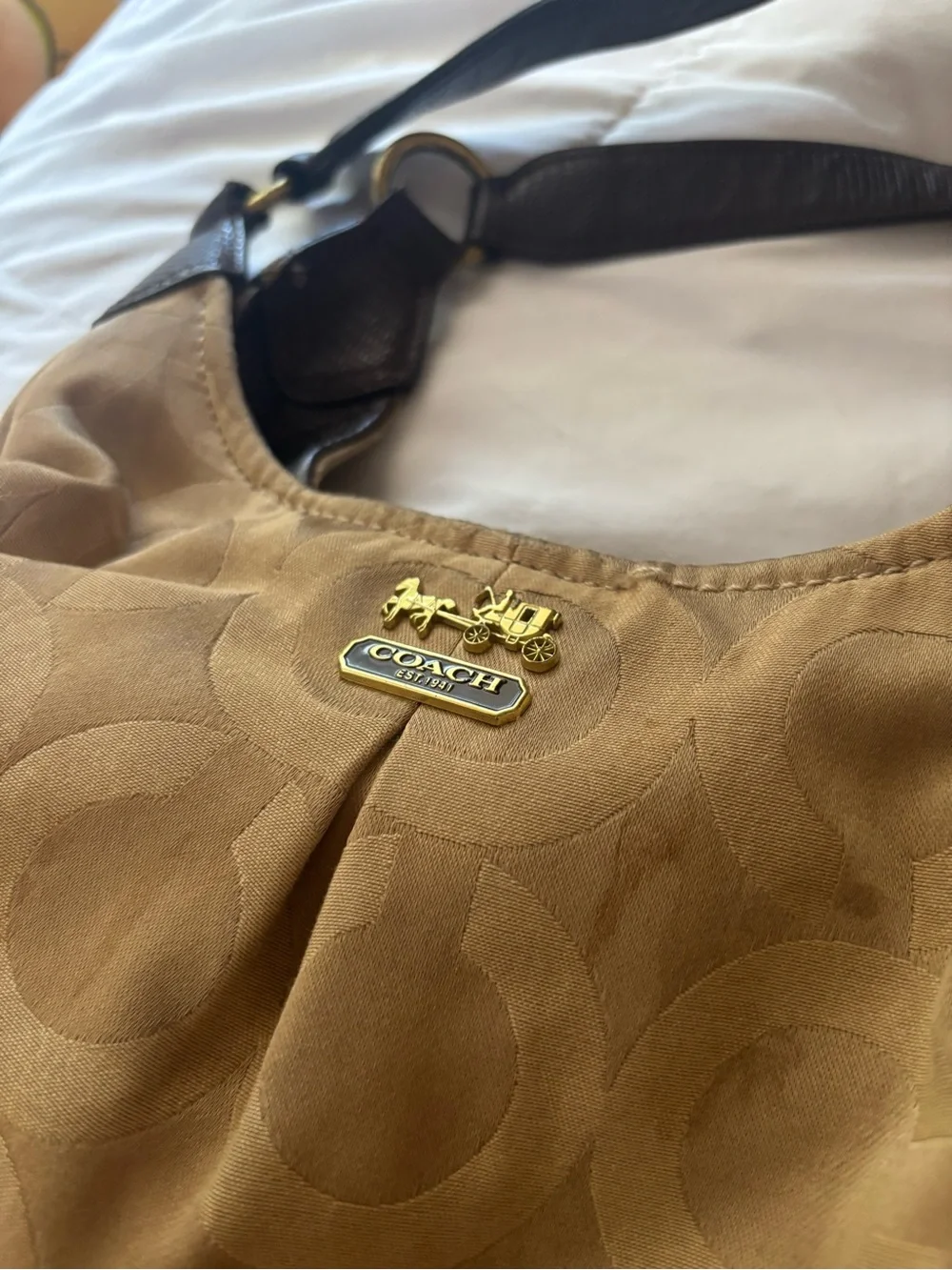 Coach Beige Signature Hobo with Dark Brown Leather Straps